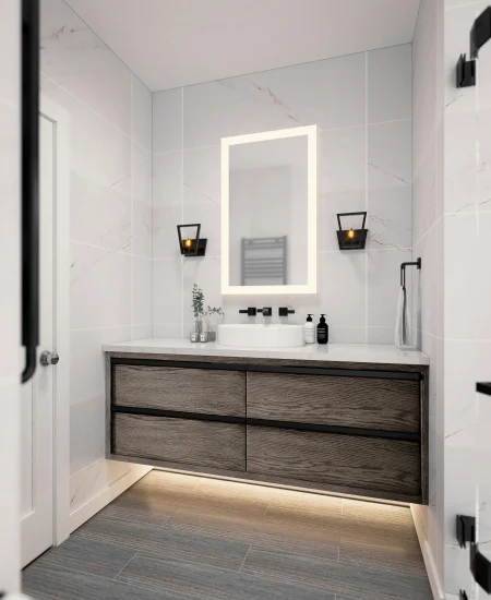 Minimalist bathroom with white tiles, glass shower, and wooden details