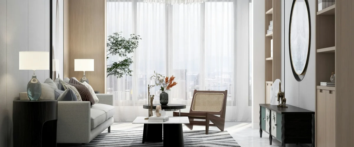 Minimalist home interior with neutral tones and simple furniture design
