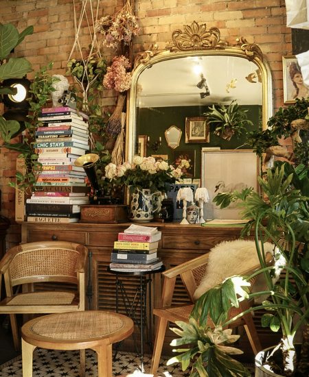 Basement decorated in vintage style with rustic furniture and warm tones